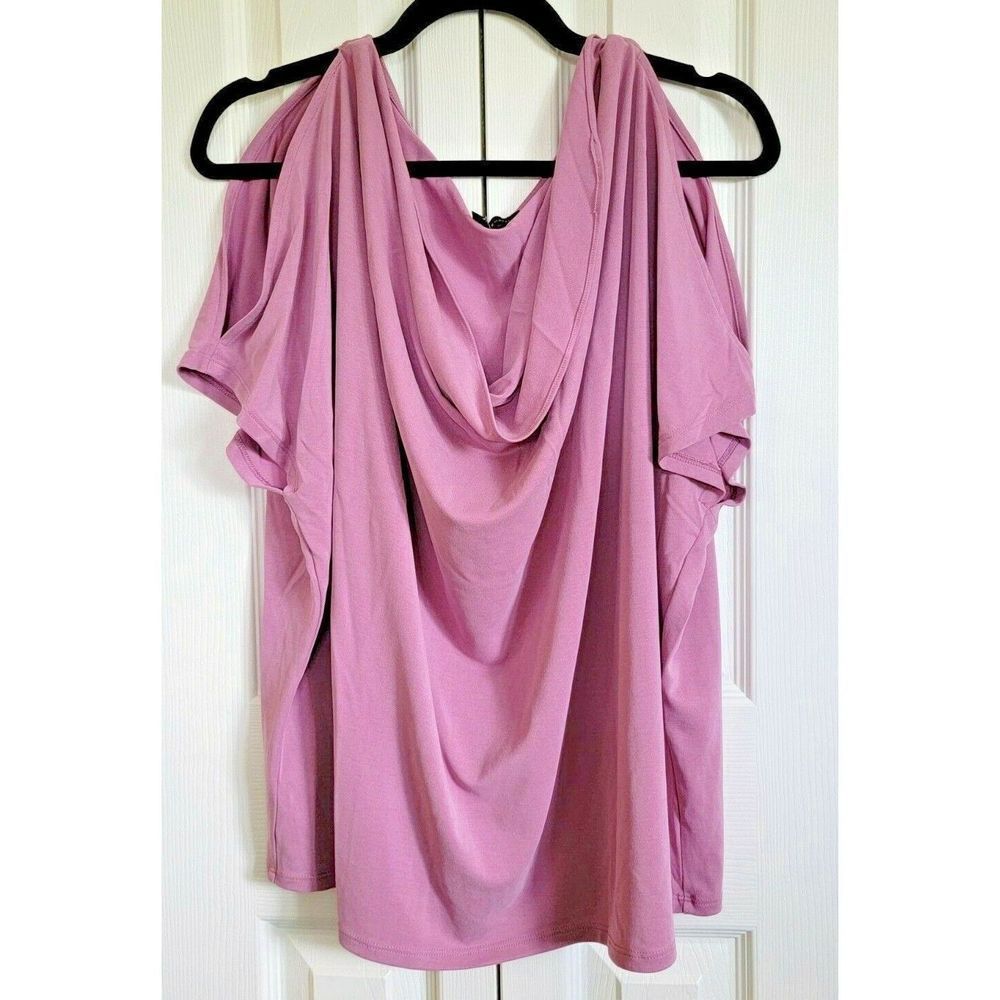 WHBM XL Knit Top Cold Shoulder Short Sleeve Lilac Stretch Drape Neck Top